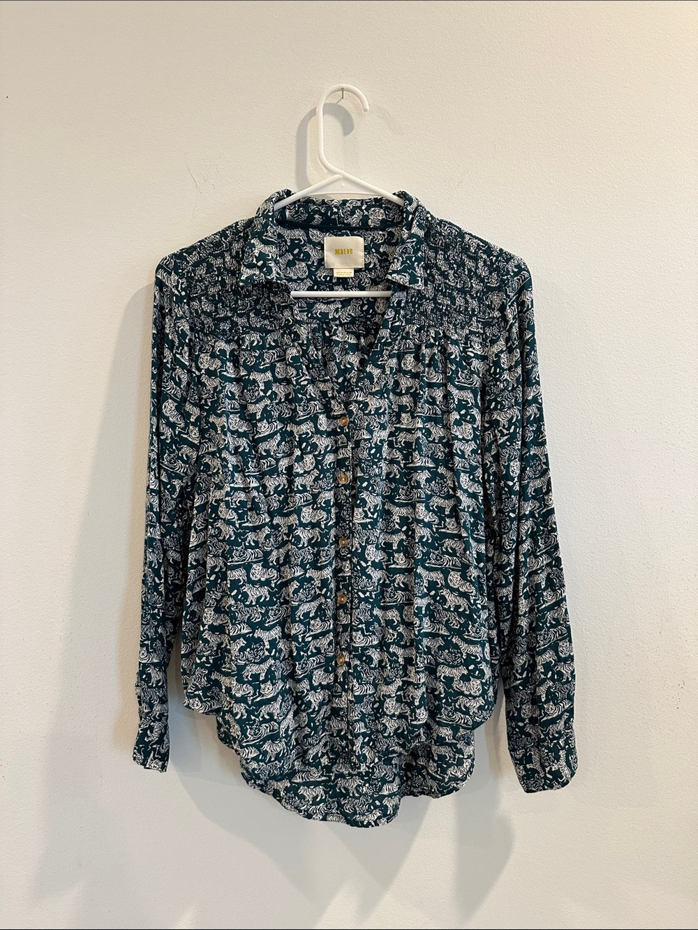 Maeve Dark Teal and White Printed Button-Down Blouse